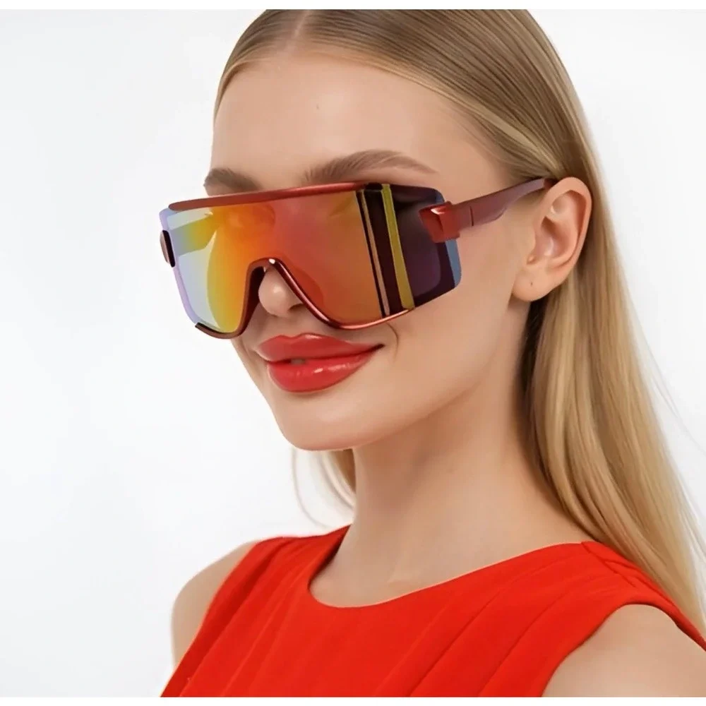 Women Red Frame Shield‎ Sunglasses Mirrored Lens Sport Cycling Running Driving